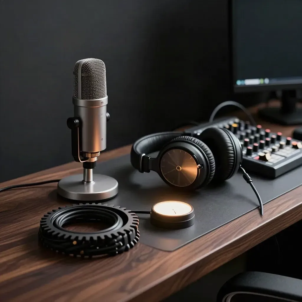 Live-stream mic, two headphones and a glowing tally puck on a studio desk in soft haze.
