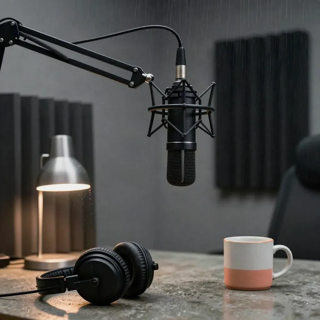 Matte-black podcast microphone, headphones, lamp and mug in a moody rain-dark interview set.