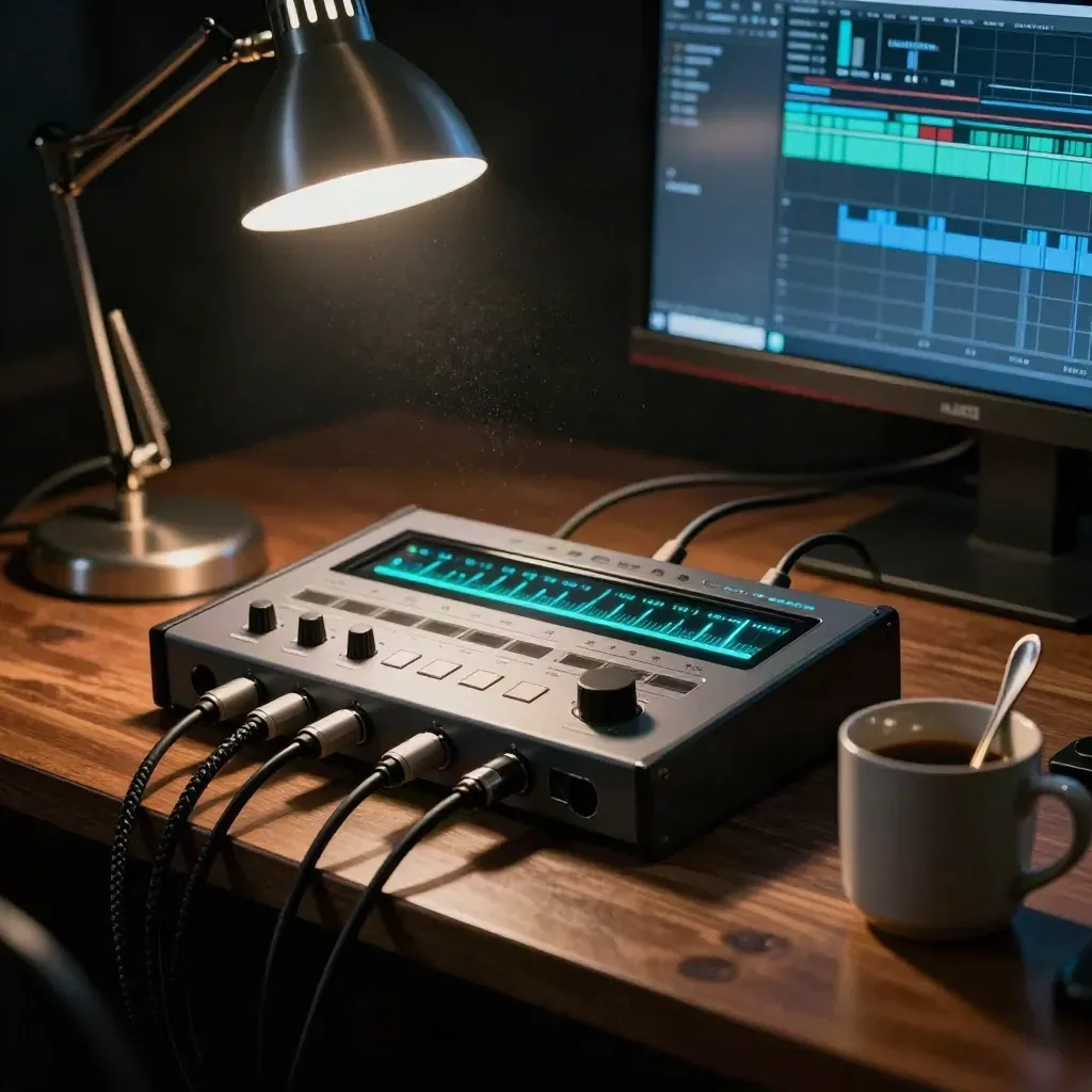 Midnight editing suite with glowing audio interface, coiled cables, desk lamp and mug in teal light