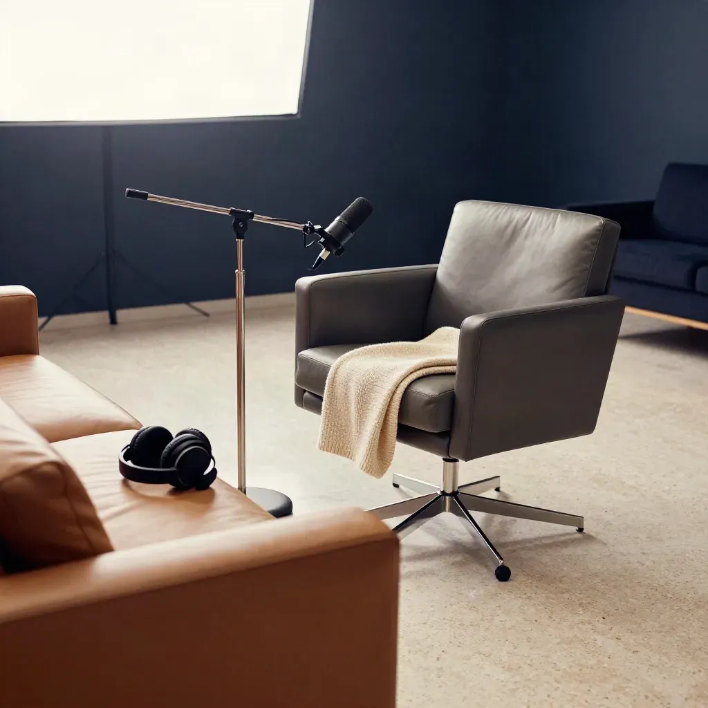 Empty guest chair beside a side-address mic, headphones, and a settling throw on a leather sofa.