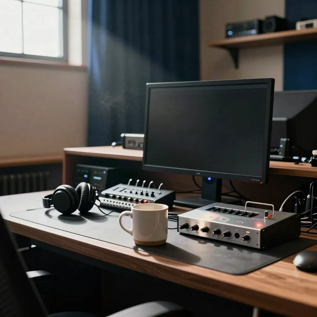 Quiet edit suite with monitor, headphones, coiled cable and mug in late sun.